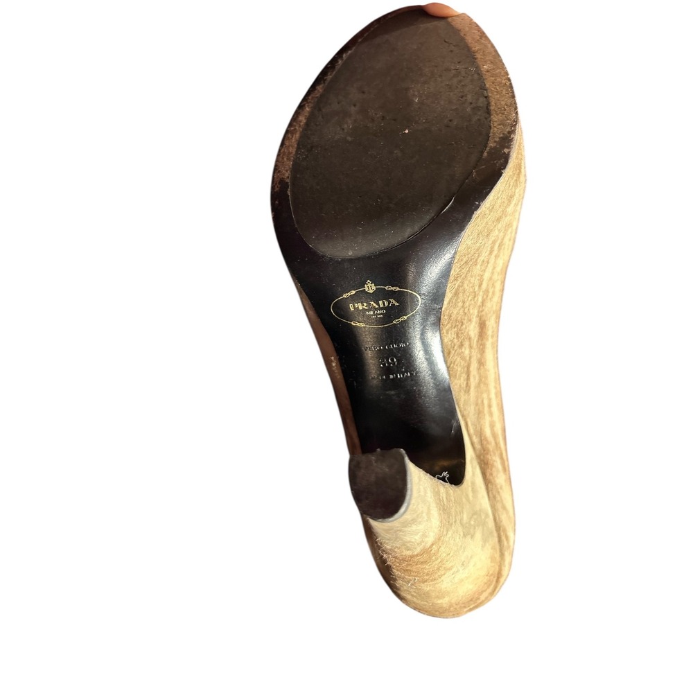 Prada Calf Hair Peep Toe Heels Taupe Gold Trim Platform Stiletto‎ Size 39 - Picture 13 of 16